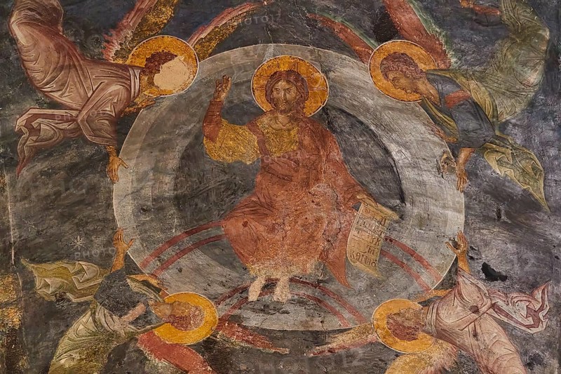Pantanassa Monastery from the 15th century AD, Jesus in a fresco surrounded by angels on a circular surface, Mystras, Mistra, UNESCO World Heritage Site, Medieval Byzantine ruined city, north-west of Sparta, foothills of the Taygetos Mountains, Peloponnese, peninsula, Greece