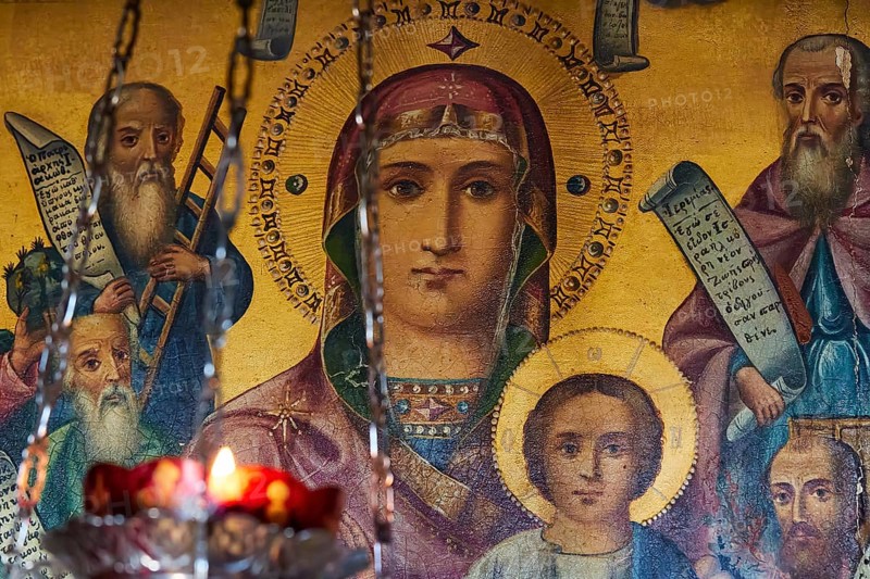 Pantanassa Monastery from the 15th century AD, Holy Icon of Mary with baby Jesus in the light of a lamp, Mystras, Mistra, UNESCO World Heritage Site, Medieval Byzantine ruined city, north-west of Sparta, foothills of the Taygetos Mountains, Peloponnese, peninsula, Greece