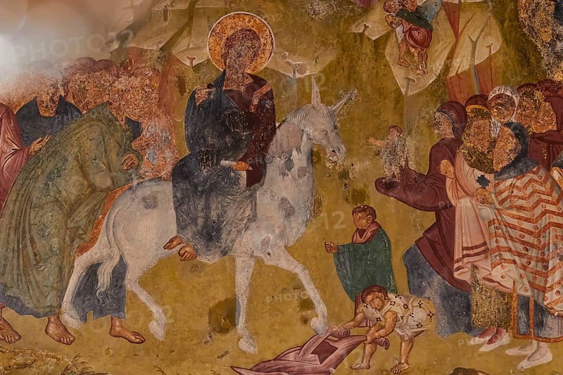 Pantanassa Monastery from the 15th century AD, Entry into Jerusalem with Jesus on a donkey, surrounded by people, Mystras, Mistra, UNESCO World Heritage Site, Medieval Byzantine ruined city, north-west of Sparta, Taygetos foothills, Peloponnese, peninsula, Greece