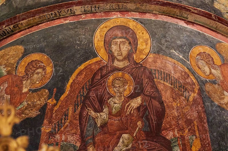 Pantanassa Monastery from the 15th century AD, Holy Mary with baby Jesus and angels in a fresco mural, Mystras, Mistra, UNESCO World Heritage Site, Medieval Byzantine ruined city, north-west of Sparta, foothills of the Taygetos Mountains, Peloponnese, peninsula, Greece