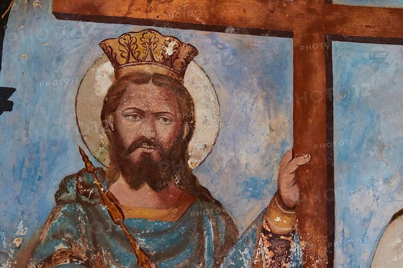 Pantanassa Monastery from the 15th century AD, fresco of a crowned king with a cross on a sacred mural, Mystras, Mistra, UNESCO World Heritage Site, medieval Byzantine ruined city, north-west of Sparta, foothills of the Taygetos Mountains, Peloponnese, peninsula, Greece
