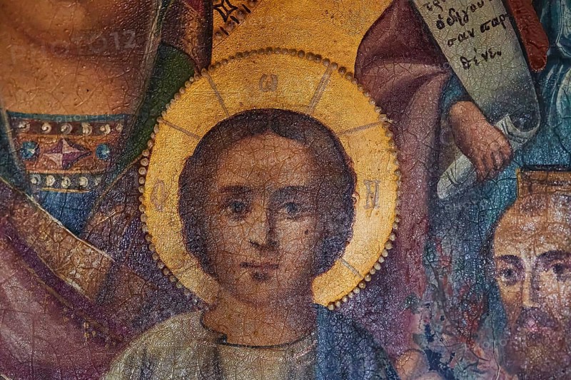 Pantanassa Monastery from the 15th century AD, close-up of an icon with the face of the infant Jesus, Mystras, Mistra, UNESCO World Heritage Site, Medieval Byzantine ruined city, northwest of Sparta, foothills of the Taygetos Mountains, Peloponnese, peninsula, Greece