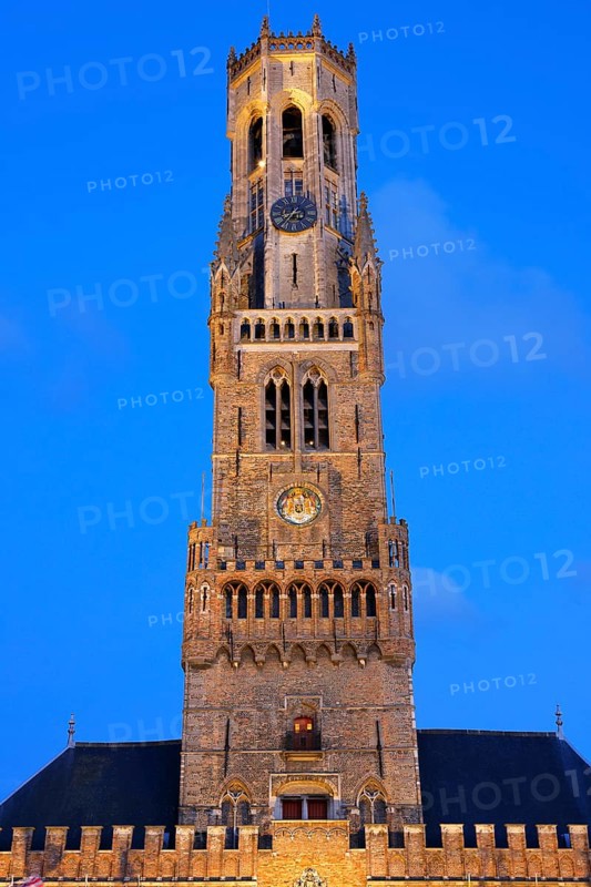 Illuminated Belfry of Bruges in the evening light, Belfort on the Grote Markt, Market Square, UNESCO World Heritage Site, Bruges, Flanders, Belgium