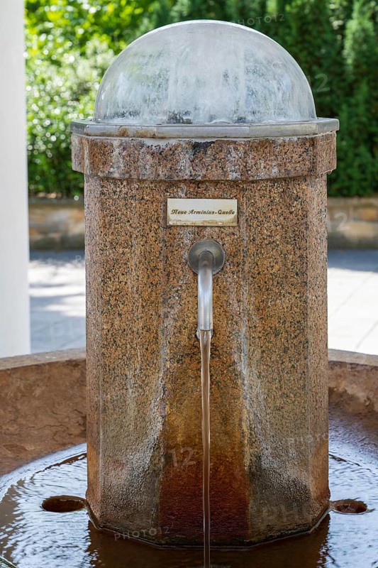 Arminius spring, column with running tap, Bad Lippspringe, climatic spa town, Westphalia, North Rhine-Westphalia, Germany