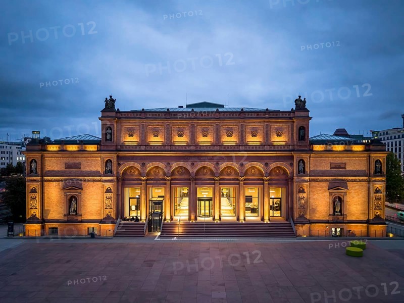 The Kunsthalle Hamburg at blue hour with a slightly cloudy sky in the background, Hamburg, Germany