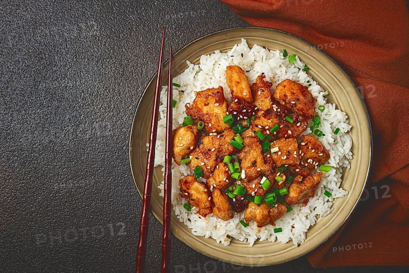 Fried chicken teriyaki with rice, green onion and sesame, homemade, no people