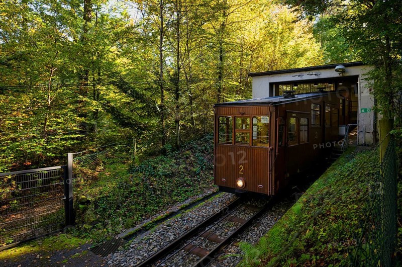 Teak car of the funicular railway, cable car, SSB, Stuttgarter Straßenbahn AG, local transport, station, stop, Waldfriedhof, Stuttgart, Baden-Württemberg, Germany