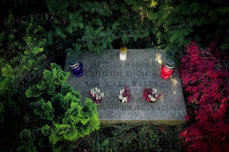 Grave, tomb, burial place of RAF Red Army Faction members, terrorists, Andreas Baader, Gudrun Ensslin, Jan Carl Raspe, buried after suicide on the night of death on 18 October 1977, Stammheim Prison, Dornhalden Cemetery, Stuttgart, Baden-Württemberg, Germany