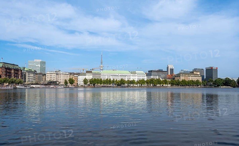 View over the Inner Alster with television tower, Hamburg, Germany