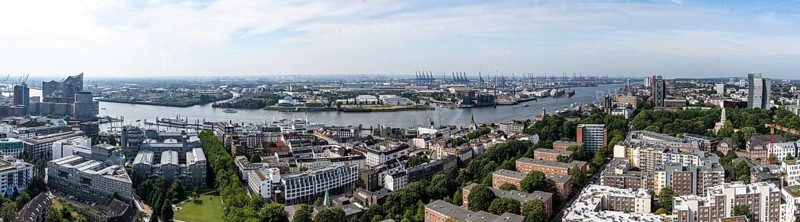 Panorama, city view, view of the Elbe with Elbe Philharmonic Hall, Hamburg harbour and skyscraper Dancing Towers, from the tower of St. Michael's Church, Hamburg, Germany