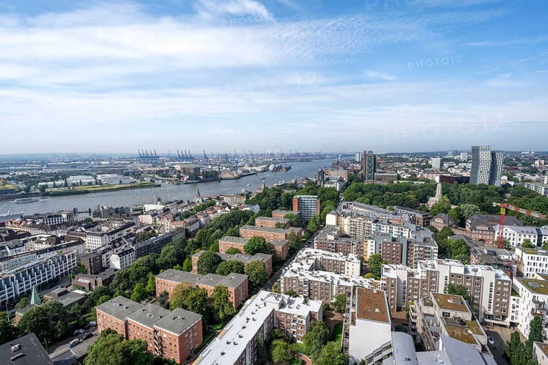 City view, view of the Elbe with Hamburg harbour and skyscraper Dancing Towers, from the tower of St. Michael's Church, Hamburg, Germany