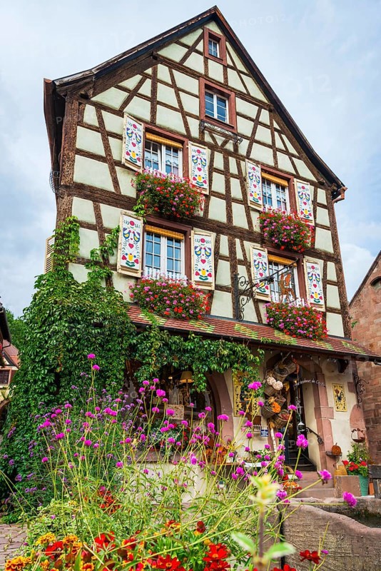Decorated half-timbered house in the old town centre of Kaysersberg