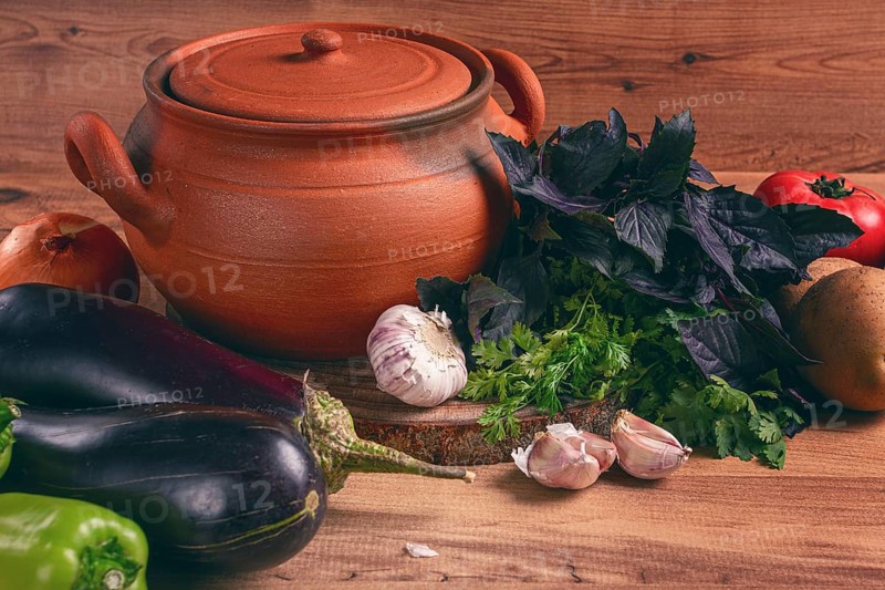 Clay pot, with ingredients, for cooking Chanakhi dishes, Georgian cuisine, no people