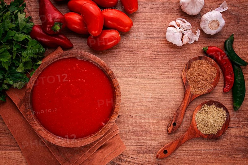 Georgian sauce, Satsebeli sauce, tomato and sweet pepper sauce, with spices, in a wooden bowl, homemade, no people