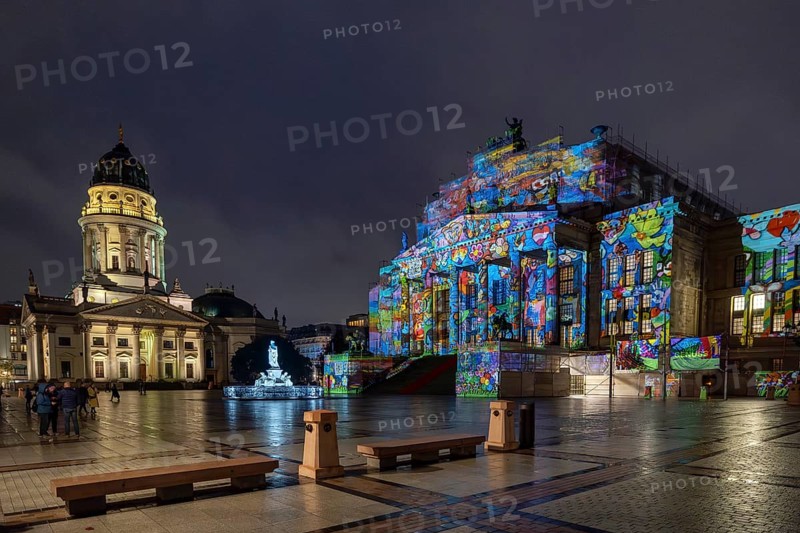 Concert hall Berlin, Gendarmenmarkt, art action The Hands of Berlin, . BERLIN FESTIVAL OF LIGHTS, motto Let's Shine Together, light installations, 8 October 2025, Berlin, Germany, opening day in drizzle < english> 21st BERLIN FESTIVAL OF LIGHTS, motto Let's Shine Together, light installations, October 8, 2025, Berlin, Germany