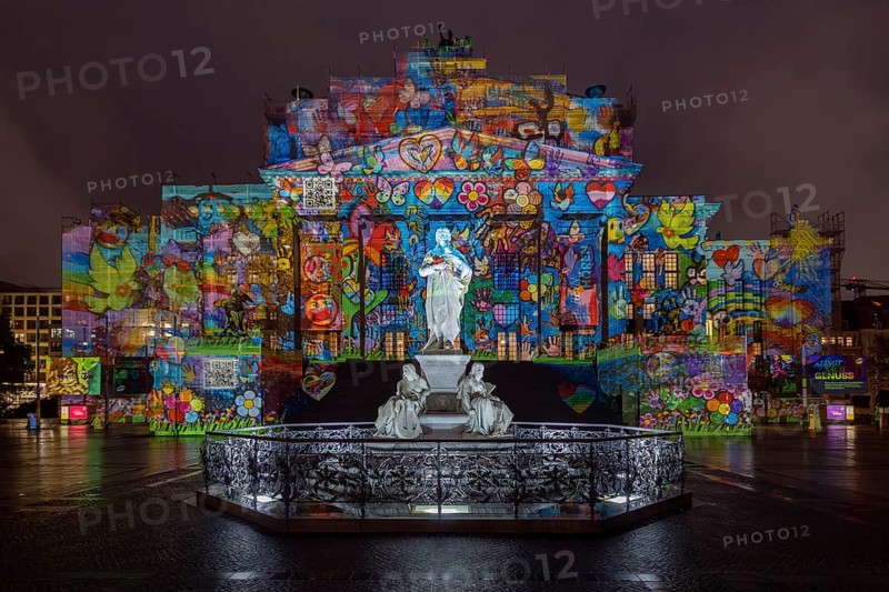 Concert hall Berlin, Gendarmenmarkt, 21st BERLIN FESTIVAL OF LIGHTS, motto Let's Shine Together, light installations, 8 October 2025, Berlin, Germany, opening day in the drizzle, art action The Hands of Berlin< english> 21st BERLIN FESTIVAL OF LIGHTS, motto Let's Shine Together, light installations, October 8, 2025