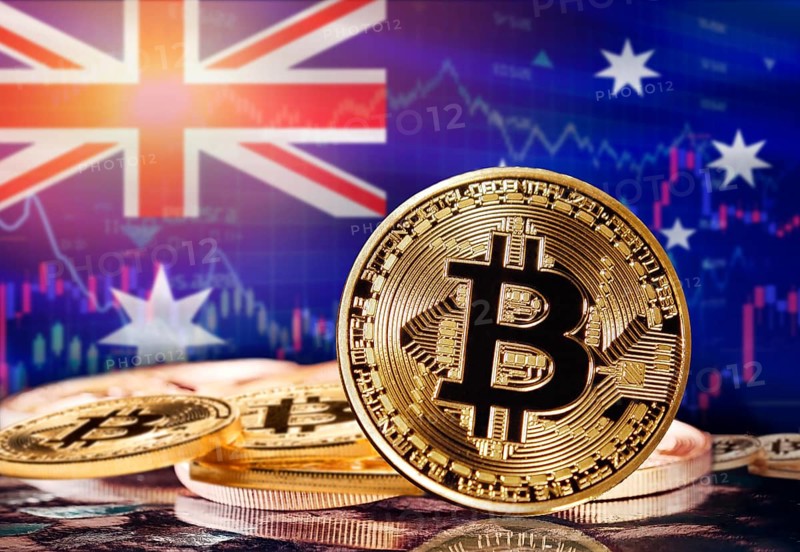 Bitcoin with Australia flag in the background. Investors in cryptocurrency and Blockchain Technology in Australia, Concept
