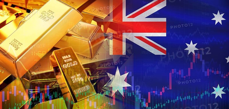 Gold bars stacked on Australian flag. Australia gold reserves, Concept