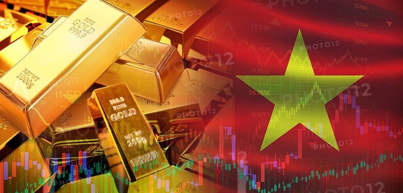 Gold bars stacked on Vietnamese flag. Vietnam gold reserves, Concept