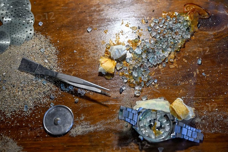 Watch prepared for diamond smuggling in an exhibition in the former casino of Kolmanskop, diamond restricted area, Karas region, Namibia