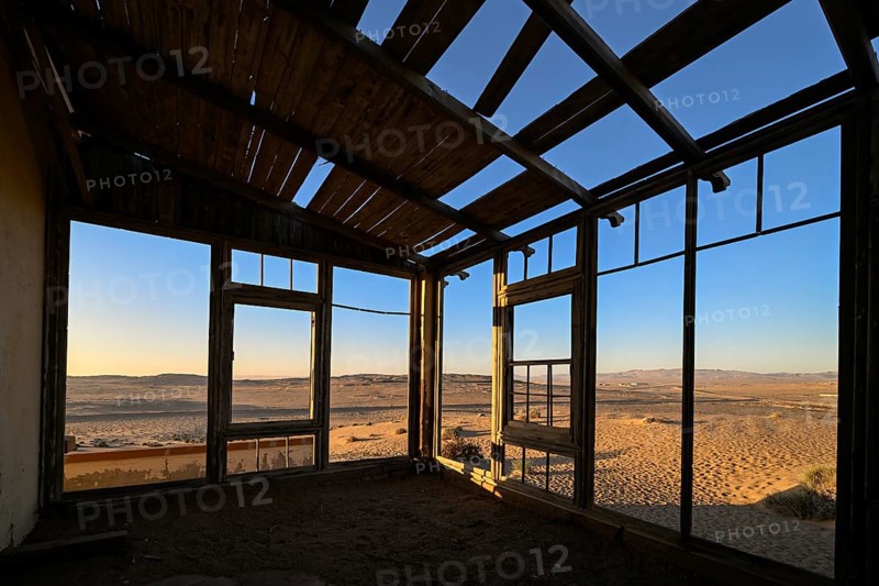 View from a former dwelling house into the desert, Kolmanskop, restricted diamond area, Karas region, Namibia
