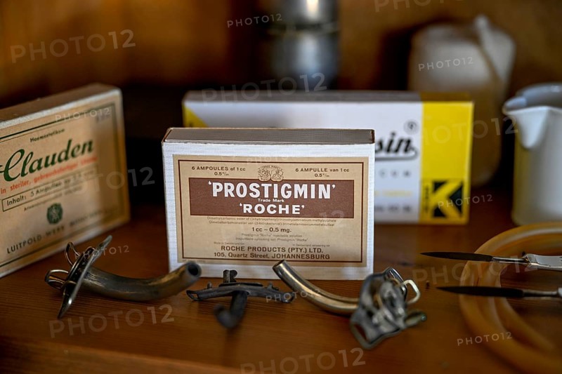 Exhibit in a display case in the former shop, drug Postigmin, Kolmanskop, diamond restricted area, Karas region, Namibia