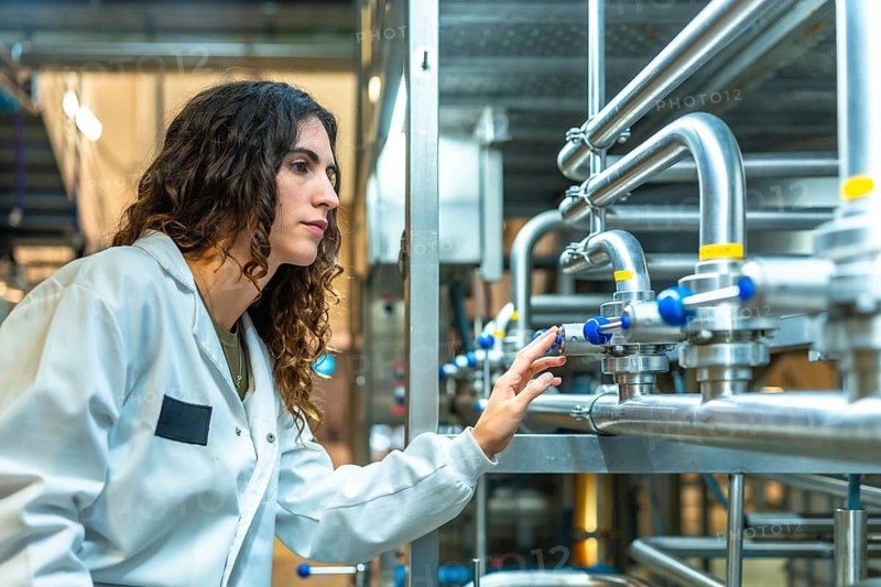 Young woman engineer wearing a lab coat and safety glasses. Meticulously adjusting valves on stainless steel pipes during a quality control inspection in a modern food or beverage production facility