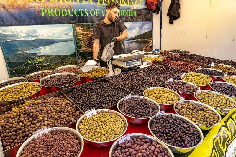 Olives in many varieties and colours at a market in the Greek capital Athens, Greece
