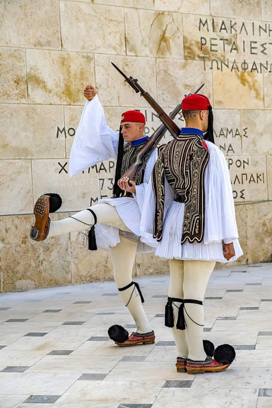 The traditional changing of the guard of the Evzones in front of the Greek Parliament in the Greek capital Athens, Greece