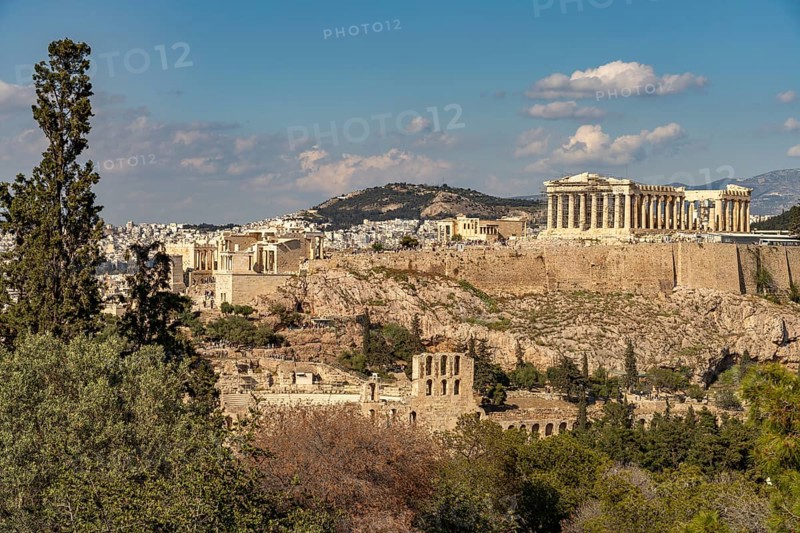View of the Acropolis from Philopappos Hill in the Greek capital Athens, Greece