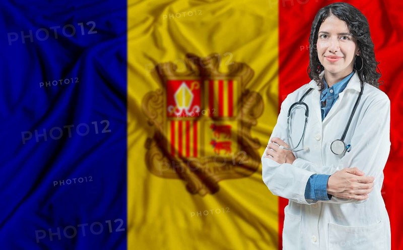 Andorran medicine and healthcare concept. Doctor close up against Andorra flag background