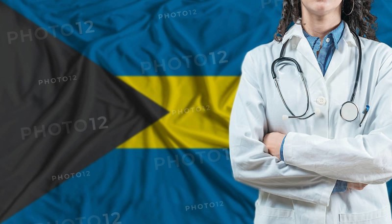 Medical professional on Bahamas flag. Healthcare and wellness in Bahamas, Concept