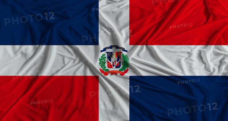 Dominican Republic flag with fabric texture background. National flag of Dominican Republic