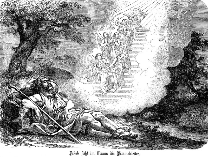On the journey to Mesopotamia, Jacob rests and sees the ladder to heaven in a dream, nature, rock, tree, walking stick, lying, stairway to heaven, angel, Genesis, chapter 28, Old Testament, Bible, historical illustration 1877