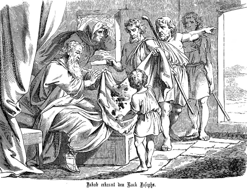 Jacob recognises the bloody skirt of Joseph, blood, deception, sons, report, lie, alleged death of Joseph, conviction, old man group, room, bed, First Book of Moses, chapter 38, Genesis, Old Testament, Bible, historical illustration 1877