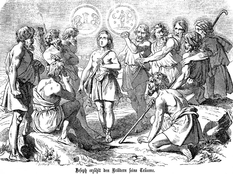 Joseph tells the angry brothers his dreams of sheaves in the field, enemies, Joseph, anger, rage, dream, unbelief, agriculture, fields, sun moon, stars, First Book of Moses, Chapter 237 Genesis, Old Testament, Bible, historical illustration 1877