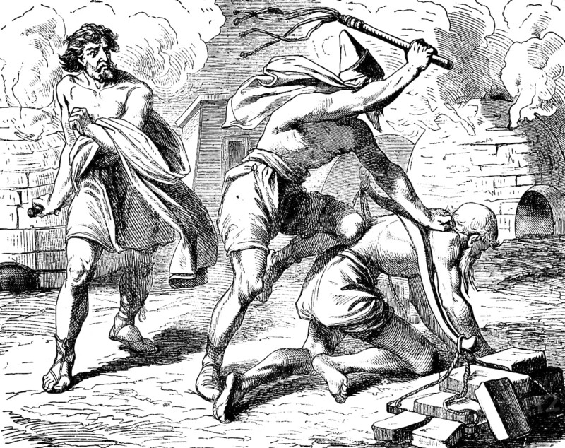 Moses slays the Egyptian taskmaster who tortured his brothers, murder, slain, whip, stone oven, burden, anger, abuse, Egypt, Second Book of Moses, Chapter 2, Old Testament, Bible, historical illustration 1877