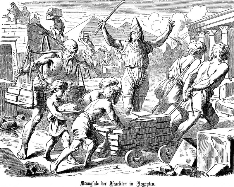 Tribulations of the Israelites in Egypt, Jacob's descendants, new king, hard physical labour, building pyramids, house building, quarry, child labour, overseers, carts, servitude, Second Book of Moses, Chapter 1, Old Testament, Bible, historical illustration 1877
