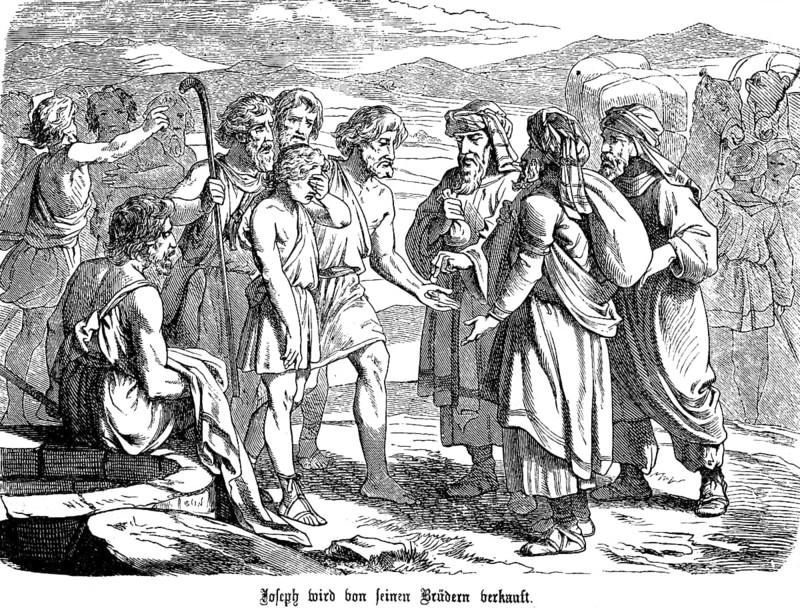 Joseph is sold by his brothers to passing Ishmaelites for 20 pieces of silver, Joseph, trade, barter, lie, group, encounter, falsehood, deception, caravan, Genesis, chapter 26, Genesis, Old Testament, Bible, historical illustration 1877