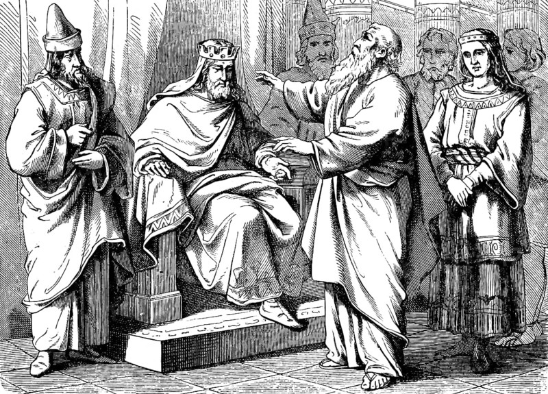 In Egypt, Joseph blesses Pharaoh, Joseph's father Jacob, Joseph, blessing, group, throne, crown, ruler, king, court, pilgrimageFirst Book of Moses, Chapter 41, Genesis, Old Testament, Bible, historical illustration 1877