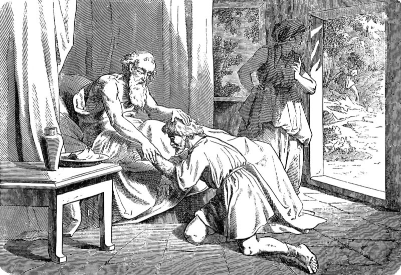 Isaac blesses Jacob, Esau in the background, deception, deceit, false voice, hand, lie, son, interior, bed, table, kneel down, Genesis, chapter 27, Genesis, Old Testament, Bible, historical illustration 1877