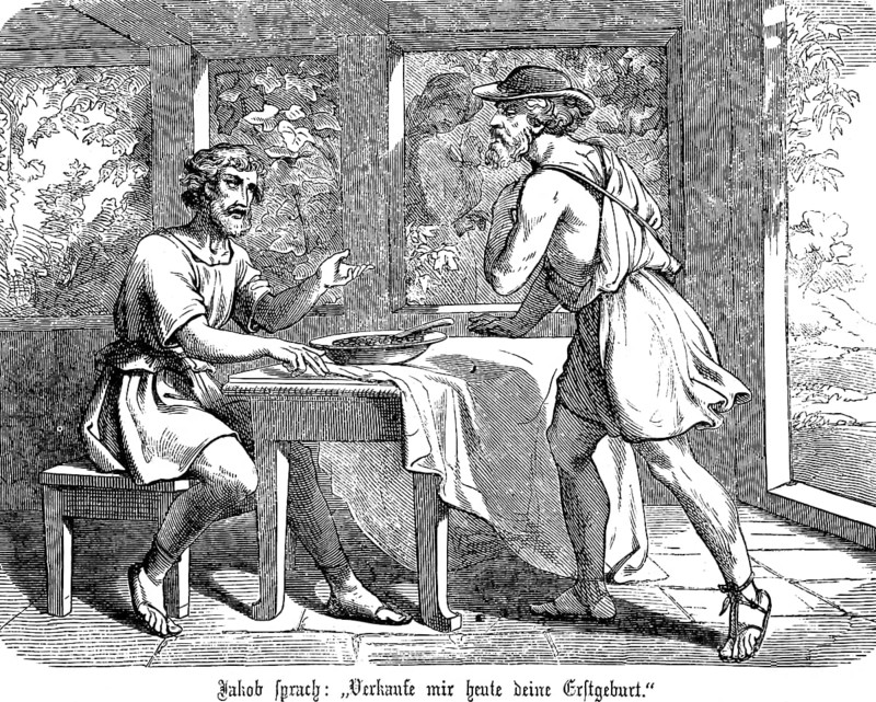 Jacob speaks to Esau, sell me your firstborn, die, birthright, old man, child, trade, table, arbour, Genesis, chapter 26, Genesis, Old Testament, Bible, historical illustration 1877