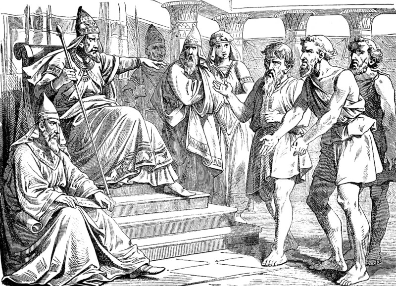 The officials of the Iraelites ask Pharaoh for mercy, ruler of Egypt, throne room, palace, Moses' condemnation, harsh judgement, plea for mercy, Second Book of Moses, chapter 5, Old Testament, Bible, historical illustration 1877