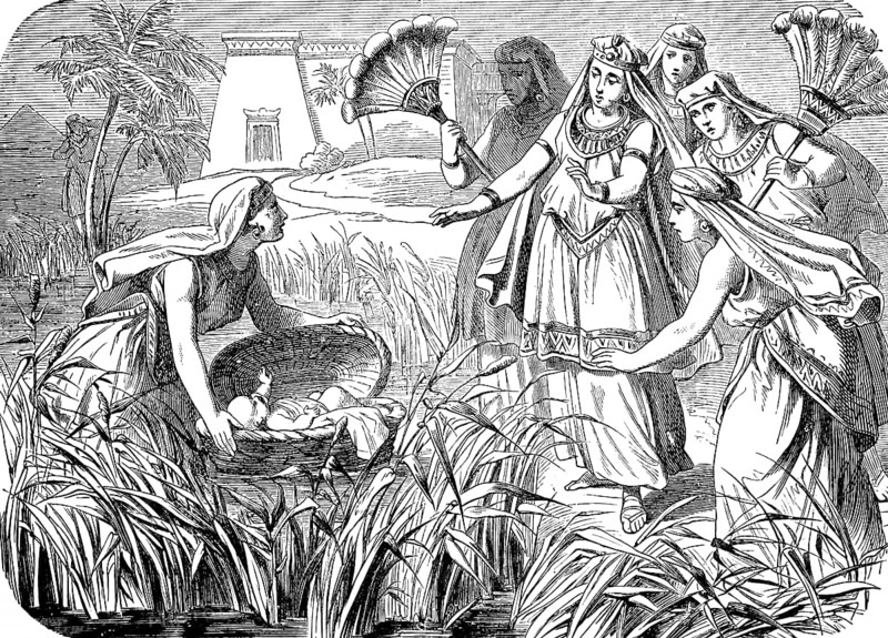 Pharaoh's daughter finds the child in the reed, virgins as companions, child is called Moses, Moses' birth, house of Levi, bast basket, bank of the Nile, palace, Hebrew boy, Second Book of Moses, chapter 2, Old Testament, Bible, historical illustration 1877