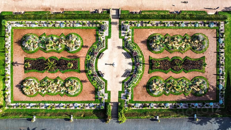 Top Down view over Italian Garden in Abbey Park from drone, Torquay, Torbay, Devon, England, United Kingdom