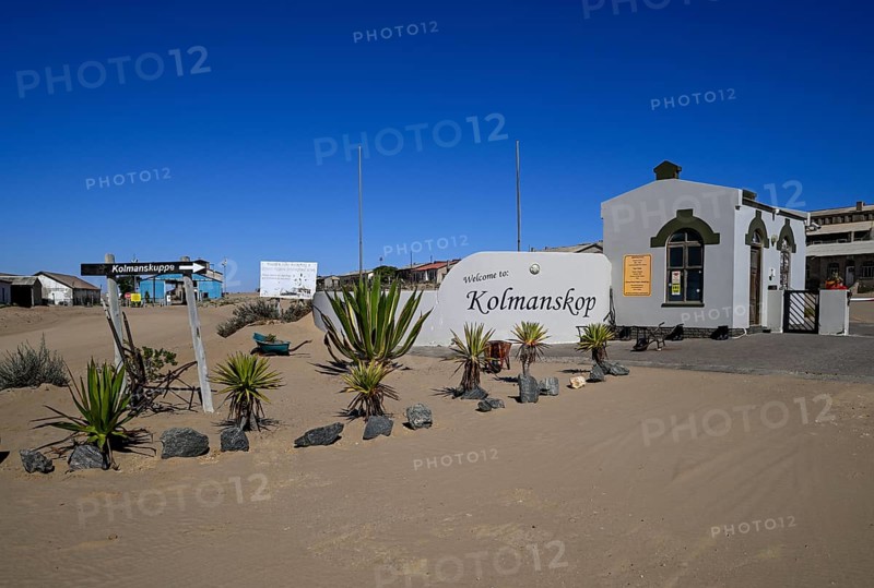 Entrance gate to the former diamond settlement of Kolmanskop, restricted diamond area, near Lüderitz, Karas region, Namibia