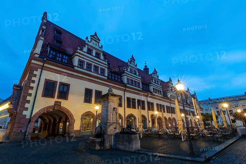 City History Museum, Old Town Hall, Lion Fountain, Blue Hour, Leipzig, Saxony, Germany