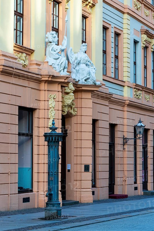 Statues above the entrance door at the Romanus House, Brühl, Leipzig, Saxony, Germany