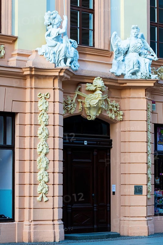 Entrance door with statues at the Romanus House, Brühl, Leipzig, Saxony, Germany