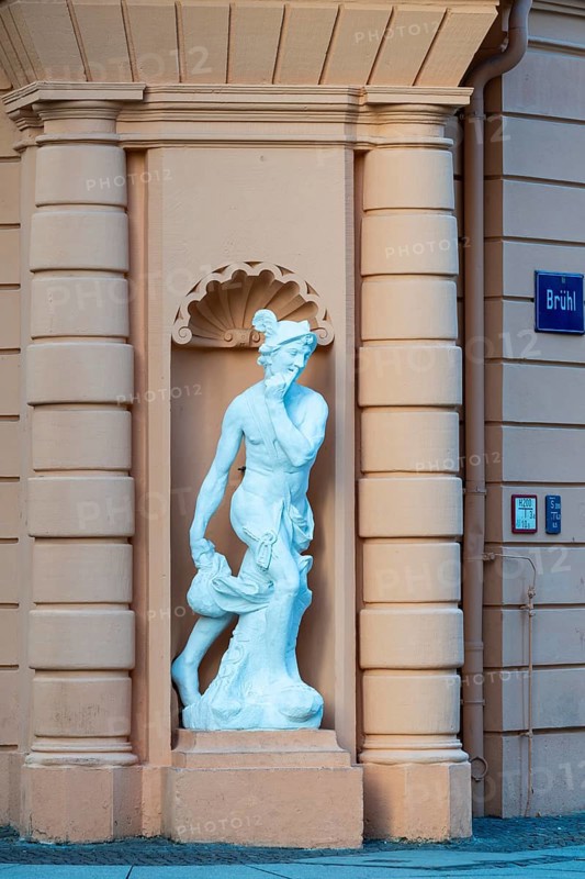 Hermes statue on the corner of the Romanus House, Brühl, Leipzig, Saxony, Germany